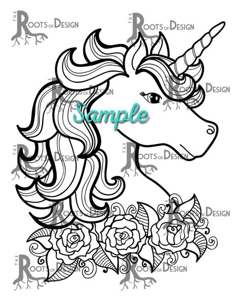 instant  coloring page unicorn  roses art etsy