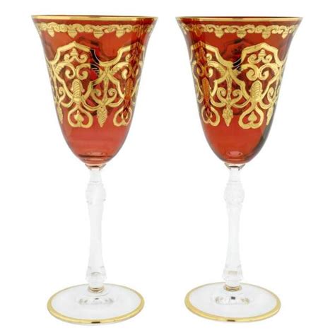 Glassofvenice Set Of Two Murano Glass Wine Glasses 24k Gold Leaf Red