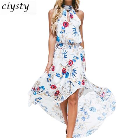 ciysty floral print halter chiffon long dress women sleeveless sexy