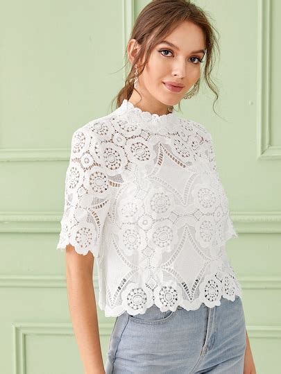 Mock Neck Keyhole Back Guipure Lace Top With Cami [swblouse07190527297
