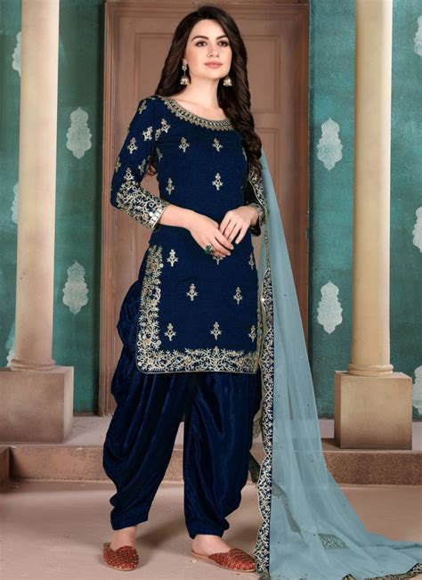 buy  designer salwar kameez resham art silk  navy blue  punjabi suits