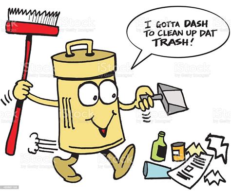 vector cartoon of smiling trash can cleaning up rubbish stock