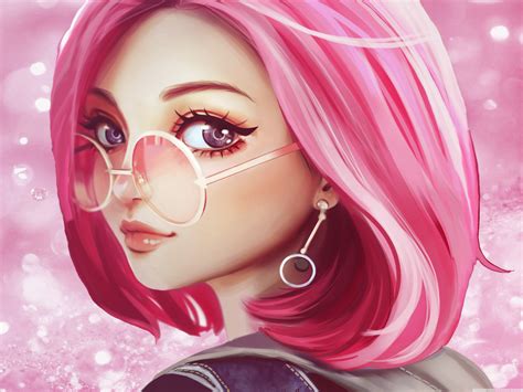 Cute Girl Pink Hair Sunglasses Digital Art Drawing Ultra