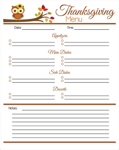 owl barn printable thanksgiving menu planner