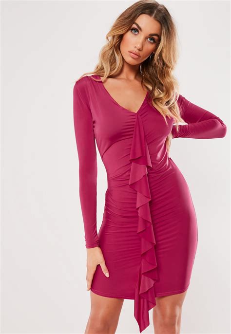 hot pink ruched ruffle front bodycon mini dress missguided