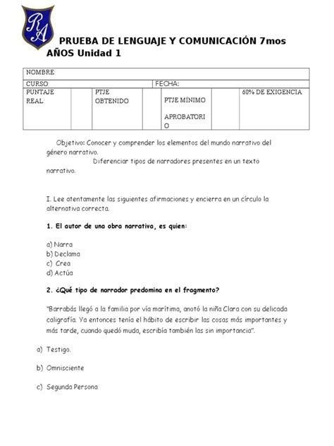 prueba de lenguaje y comunicación 7mos años unidad 1