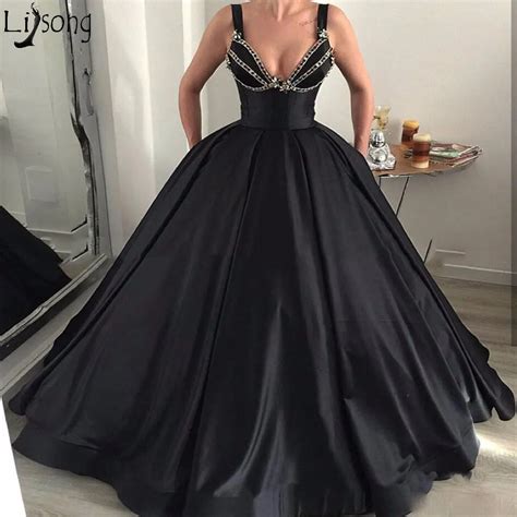 new design black ball gown prom dress spaghetti strap rhinestone ruched