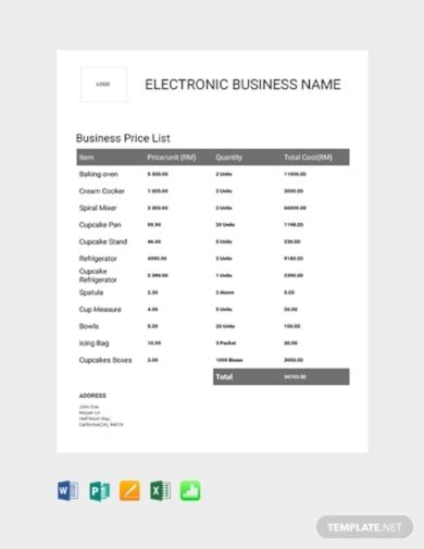 price list  examples  ms word ms excel ms publisher pages numbers