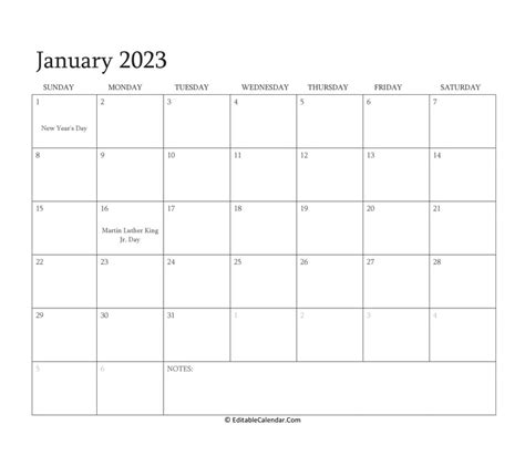 printable monthly january  calendar  holidays printable