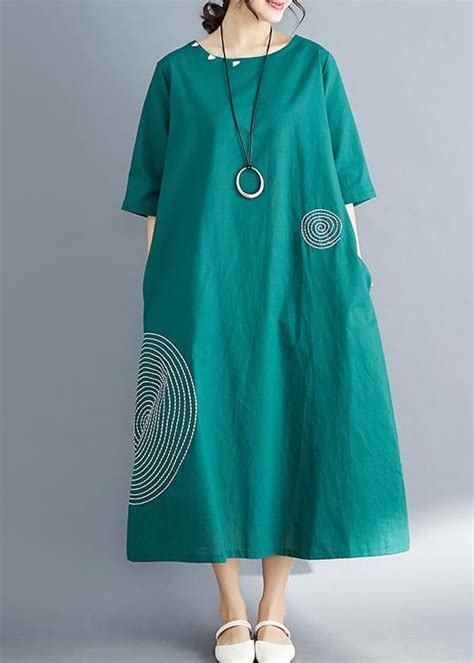 beautiful o neck embroidery cotton dress plus size pattern