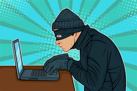 caucasian hacker thief hacking   computer  vector art