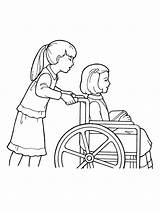 Drawing Wheelchair Helping Wheel Girl Line Primary Others Drawings Pushing Chair Children Another Lds Coloring Young Easy Pages Silhouette Vector sketch template