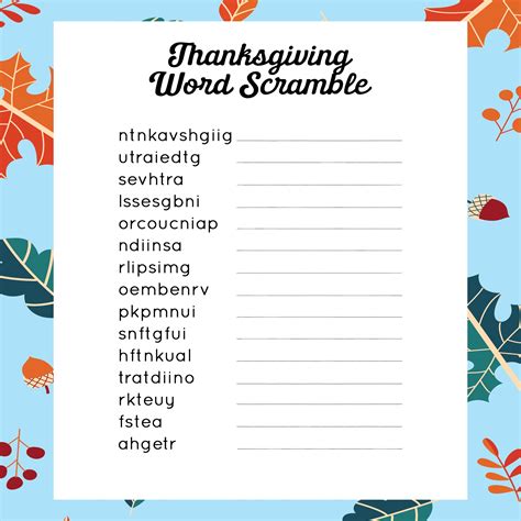 printable thanksgiving word scramble game