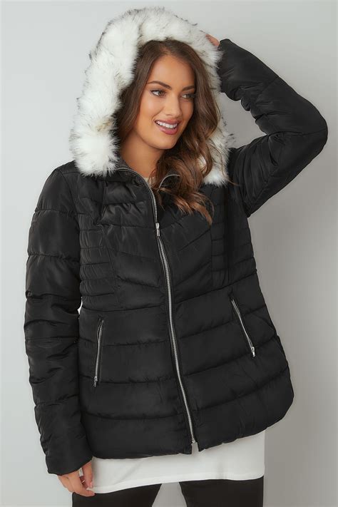 black padded puffer coat  hood faux fur trim  size