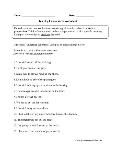 phrasal verbs worksheets learning phrasal verbs worksheet