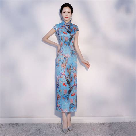 summer new women satin qipao slim blue sexy flower mandarin collar