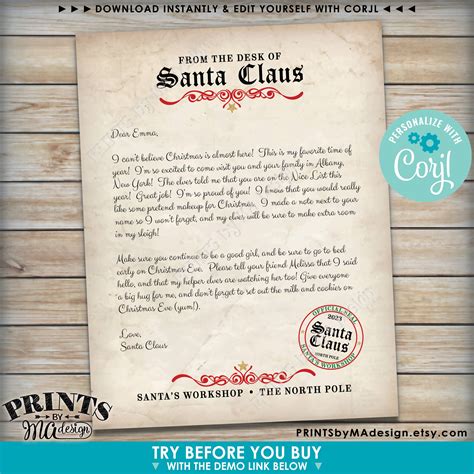letter  santa claus custom santa letter template  editable