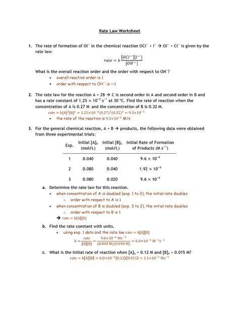 rate law worksheet answers rate law worksheet   rate  formation  oi   chemical