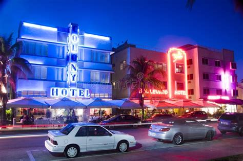 south beach miami hotels neon lights stock   royalty
