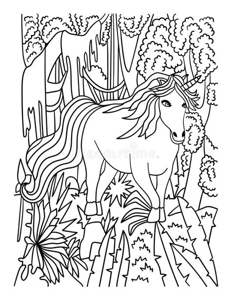 unicorn  forest coloring page  adults stock vector illustration