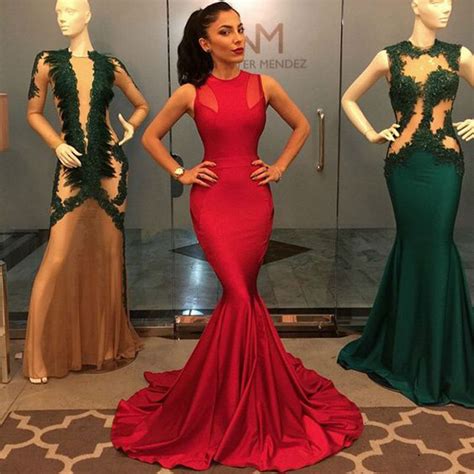 Long Red Mermaid Prom Dress 2016 Sexy O Neck Sleeveless Stretch Satin