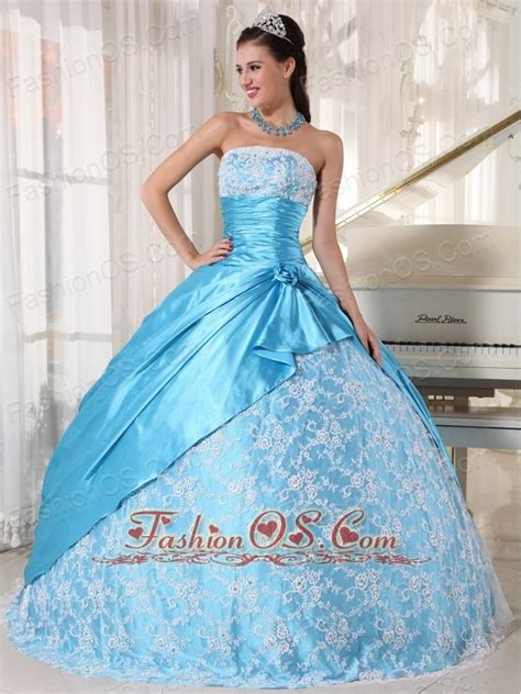 Sweet Aqua Blue Quinceanera Dress Strapless Taffeta Lace Ball Gown
