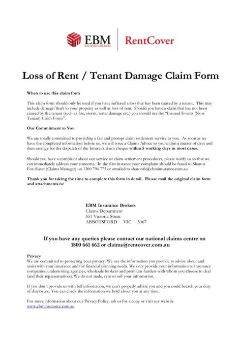 loss  rent tenant damage claim form