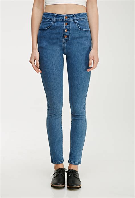 lyst forever 21 high waisted skinny jeans in blue