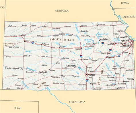 large map  kansas state  roads highways relief  major cities