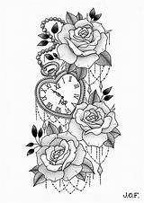 Clock Tattoo Heart Roses Drawing Pocket Shaped Tattoos Drawings Designs Flower Sleeve Family Rose Tatuointi Floral Kello Suunnittelu Women Tatuagem sketch template