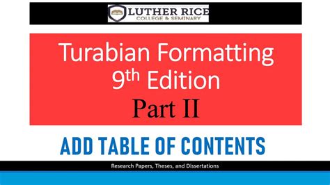 turabian formatting  edition part ii add table  contents youtube