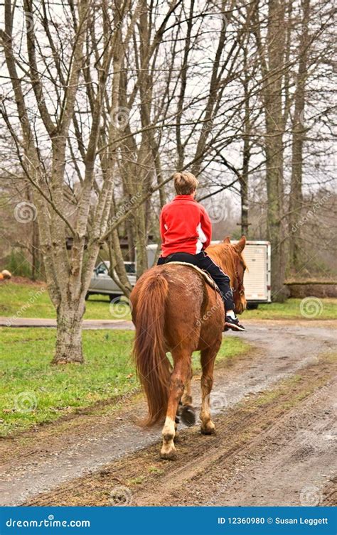 young boy riding  horse stock photo image