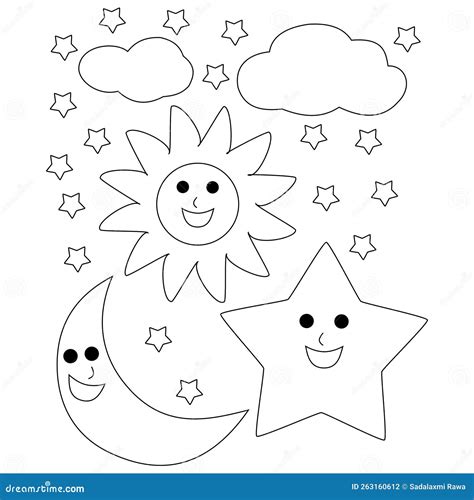 sun moon  stars  clouds coloring page stock photo illustration