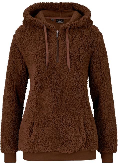 trui van teddy fleece met een ritsdetail en een capuchon bruin
