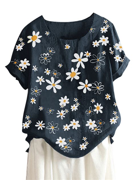 ukap plus size women summer daisy flower print top short sleeve o
