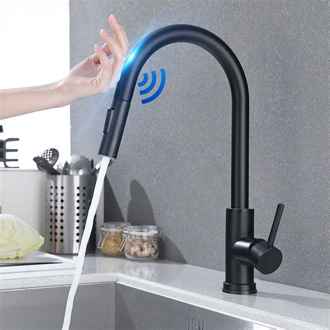 matte black stainless steel kitchen sink faucets mixer smart touch sensor pull  hot cold