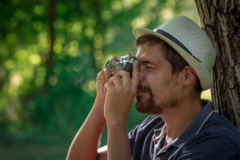 Handsome Man With Vintage Camera In The Forest Stock Image Image Of