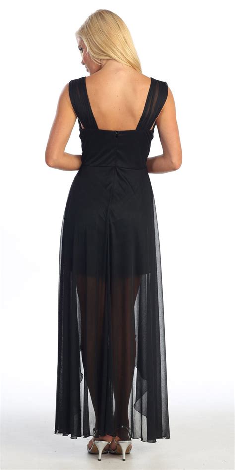 black semi formal chiffon dress high low wide strap rhinestone waist
