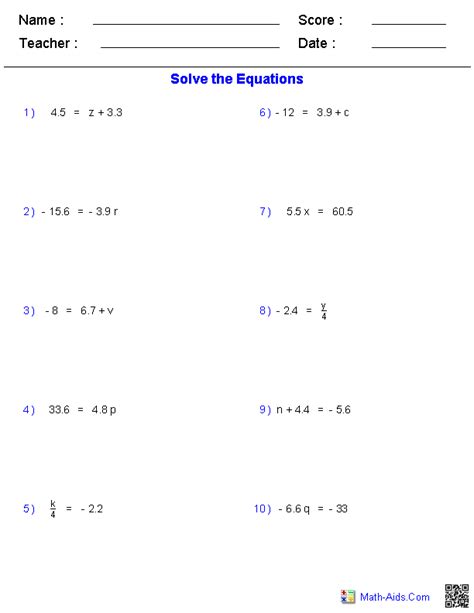 grade linear equations worksheet  answers  kidsworksheetfun