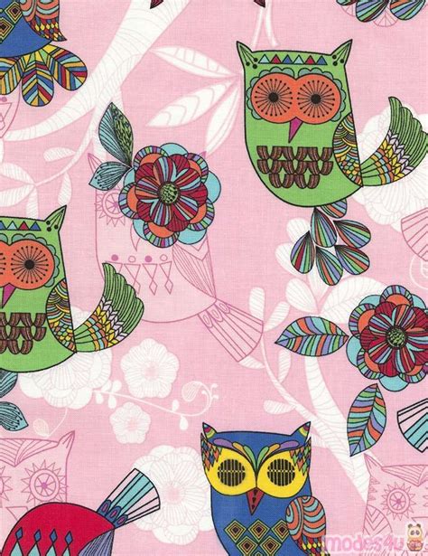 pink fabric with colorful owl bird by timeless treasures