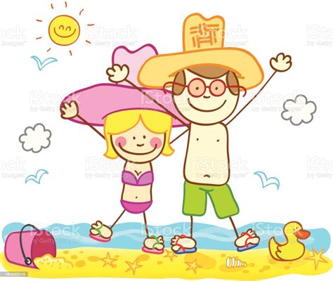 happy summer holiday adult couple lovers at beach cartoon illustration