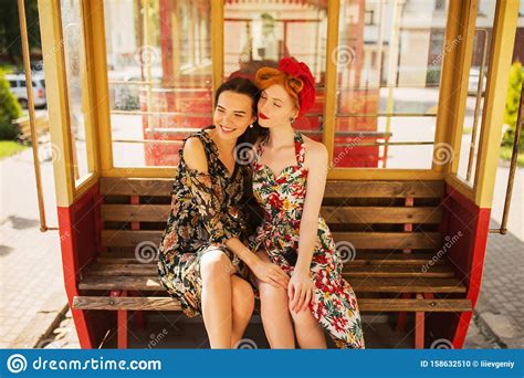 Two Happy Fabulous Lesbian Girls With Long Hair In Flower Dress On
