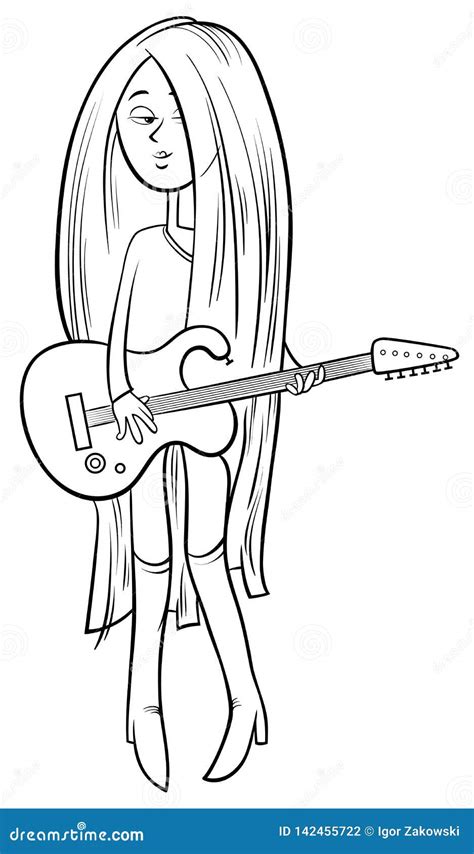 girl  guitar cartoon coloring page stock vector illustration
