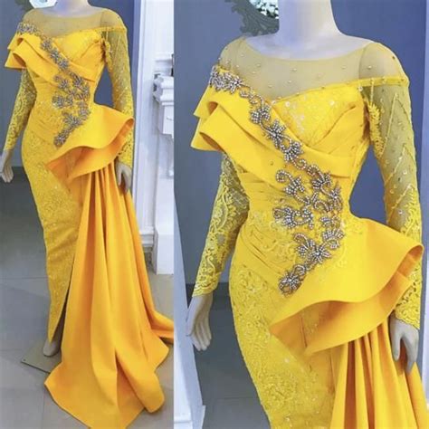 yellow evening dresses long sleeve lace applique luxury mermaid beaded elegant evening gown