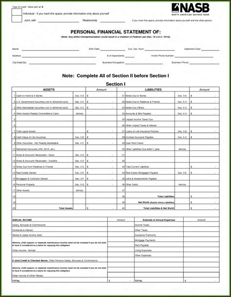 printable personal financial statement template word templates
