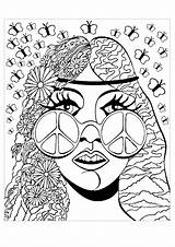 Psychedelic Girl Coloring Pages Adult Adults Peace Butterflies Posters Bands Concert Glasses sketch template