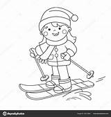 Coloring Outline Cartoon Winter Girl Skiing Kids Stock Illustration Sports Book Vector Depositphotos sketch template