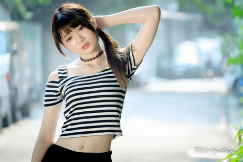 Wallpaper Model Brunette Long Hair Asian Bangs Belly Women