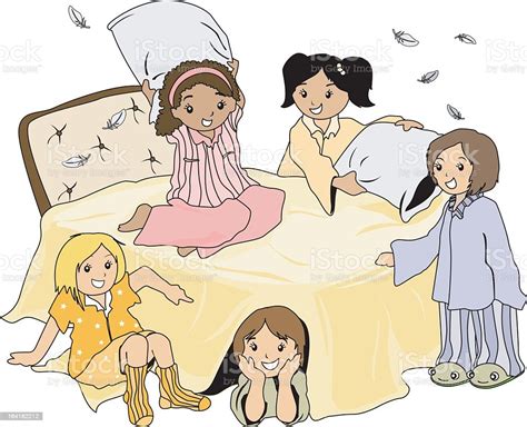 Drawing Of Five Girls At A Pajama Party Stock Illustration Download