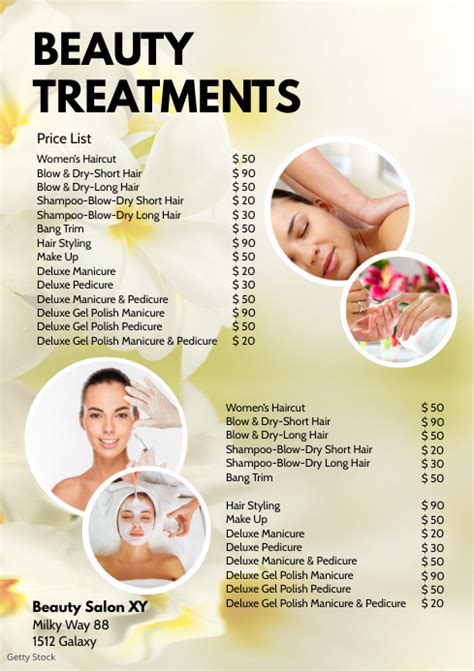 beauty treatments price list spa wellness ad template postermywall